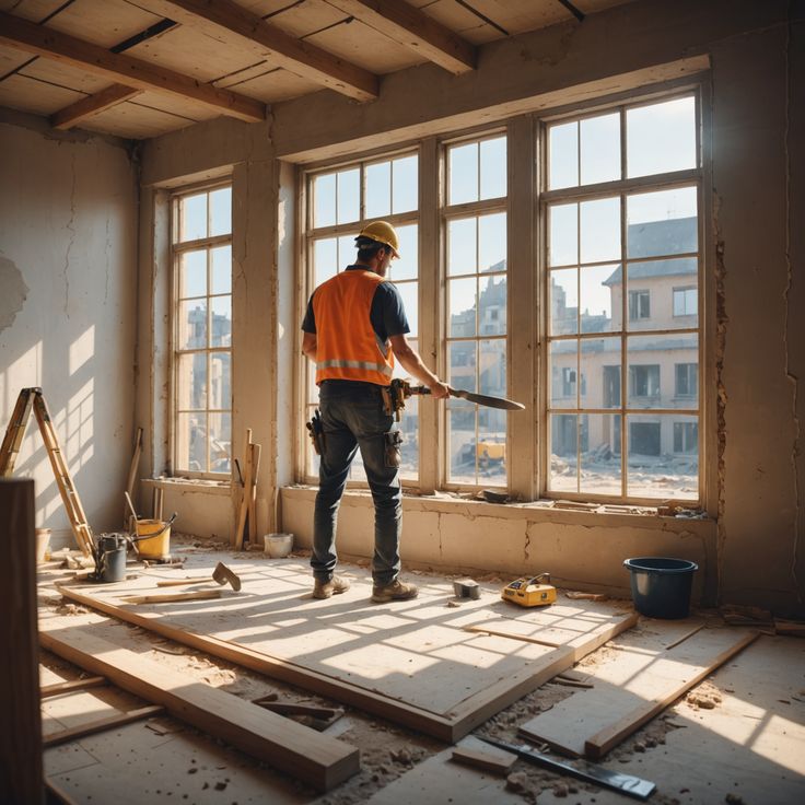 Construction worker in safety gear assessing building renovation in sunlit room.