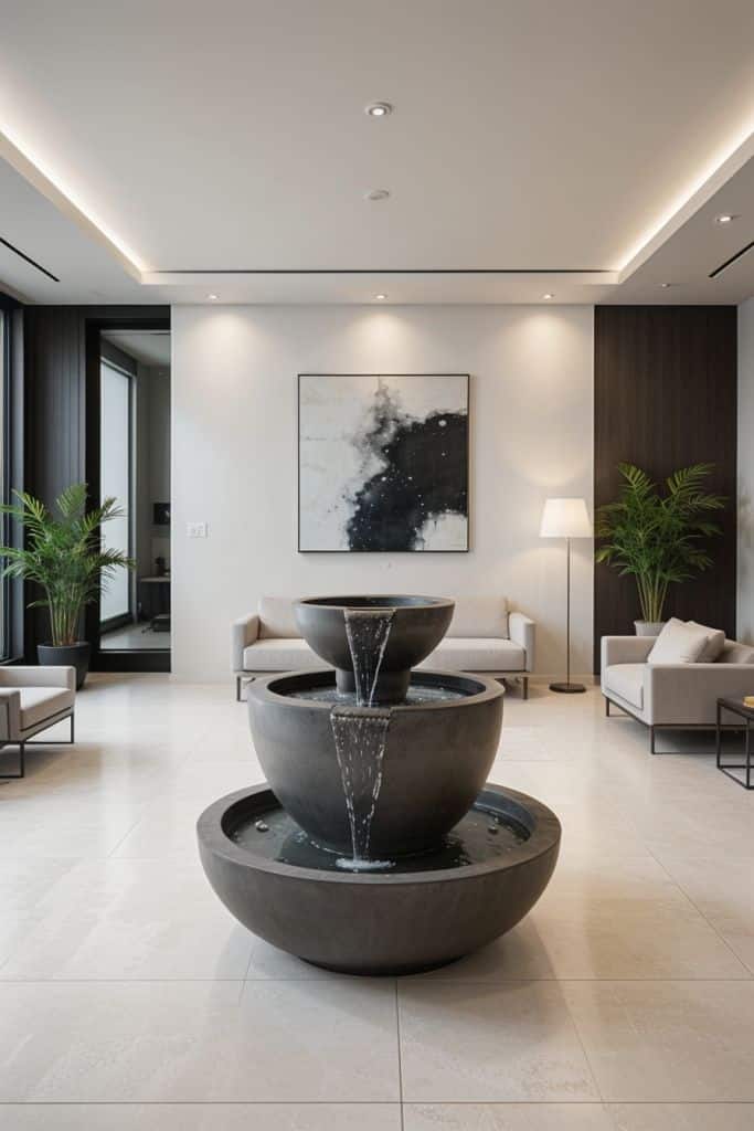 Transform Your Space_ Unforgettable Summertime Home Decoration Trends Modern lobby with a central black stone fountain, surrounded by sofas, plants, and abstract wall art. | Sky Rye Design Modern lobby with a central black stone fountain, surrounded by sofas, plants, and abstract wall art.