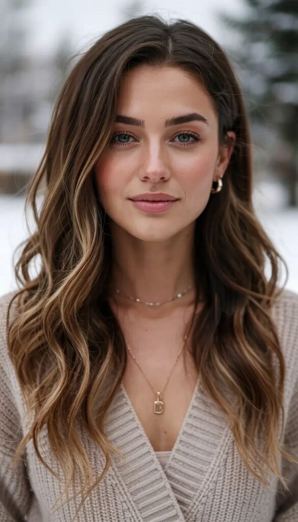 Trending Hair Colors Winter 2025 2026_ Soft Balayage With Golden Ends Young woman with long, wavy hair, wearing a beige sweater and necklace, standing outdoors in a snowy landscape. | Sky Rye Design Young woman with long, wavy hair, wearing a beige sweater and necklace, standing outdoors in a snowy landscape.