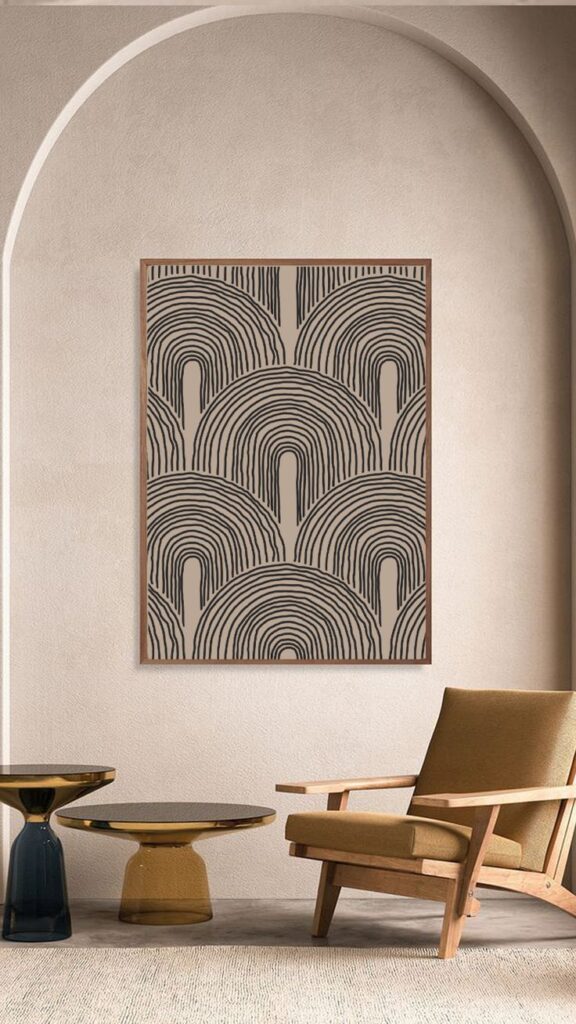 Trendy minimalist aesthetic seamless pattern with abstract creative artistic hand drawn wall decor Modern minimalist living room with abstract wall art, wooden chair, and stylish tables under a beige archway. | Sky Rye Design Modern minimalist living room with abstract wall art, wooden chair, and stylish tables under a beige archway.