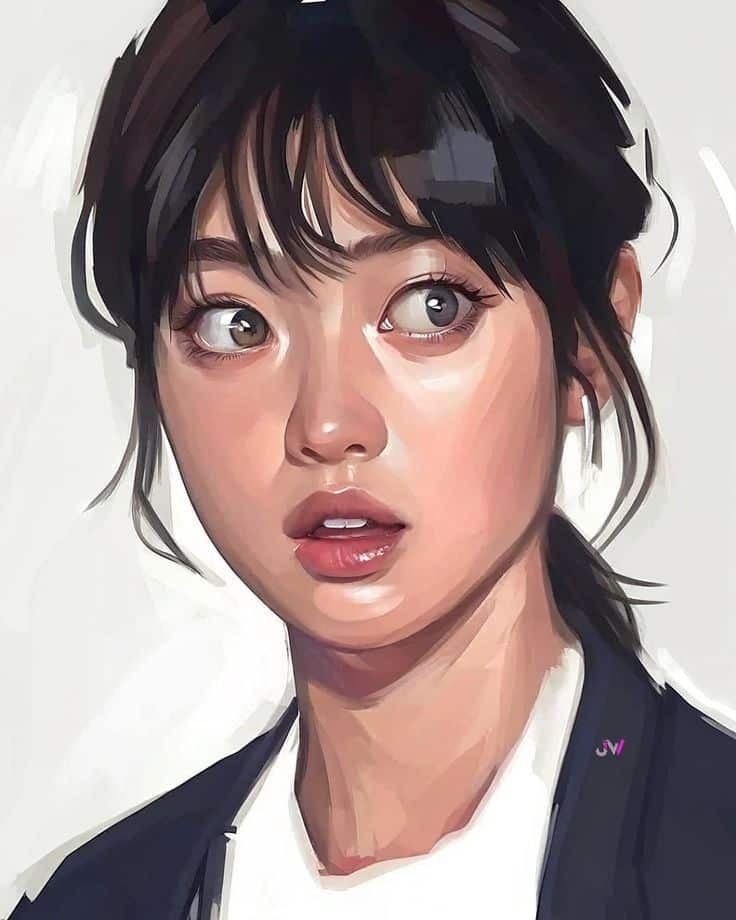 Illustration of a surprised woman with detailed features, wearing a dark outfit. Realistic digital art style with expressive eyes.
