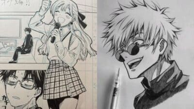 Manga art featuring a girl singing with a microphone and a character with glasses beside her, plus a sketch of a smiling boy.
