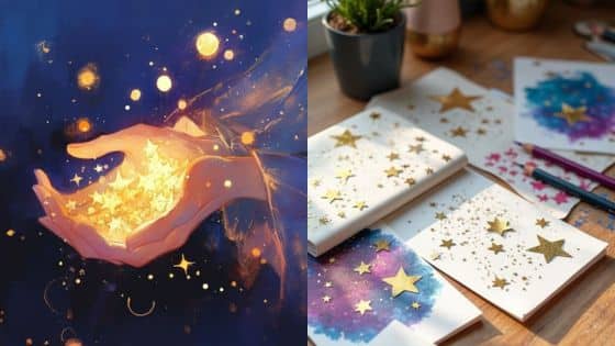 Unleash Inner Artist A Fun Guide on How to Draw a Star Easily Magical hand holding glowing stars next to a table with star-themed crafts and colorful art supplies, inspiring creativity and imagination. | Sky Rye Design Magical hand holding glowing stars next to a table with star-themed crafts and colorful art supplies, inspiring creativity and imagination.