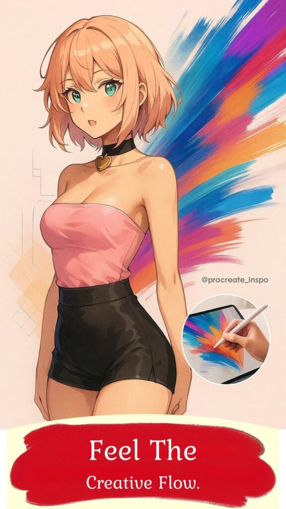 Anime girl with short orange hair and colorful wings, representing creativity. Tablet shows digital art progress. Text: Feel The Creative Flow.