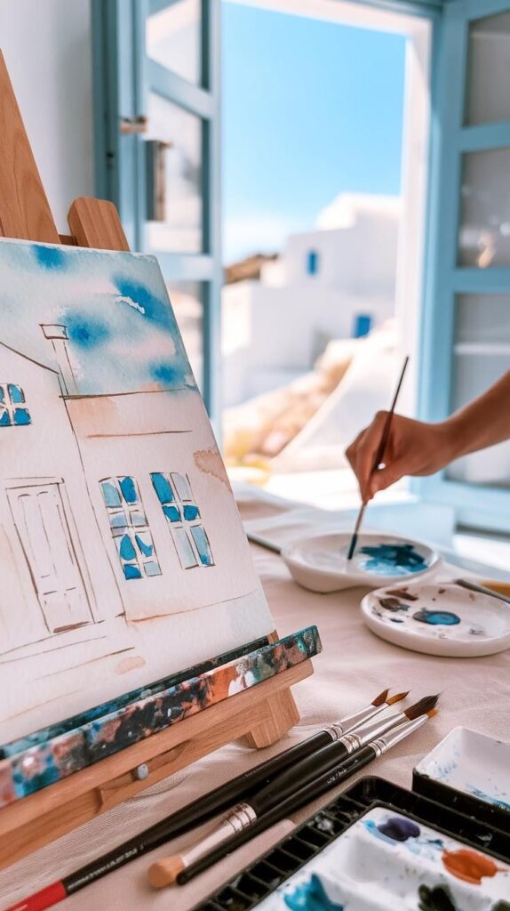 Unlock Charming Watercolor House Painting Guide Artist painting a watercolor of a house near an open window, with brushes and palette on the table. | Sky Rye Design Artist painting a watercolor of a house near an open window, with brushes and palette on the table.