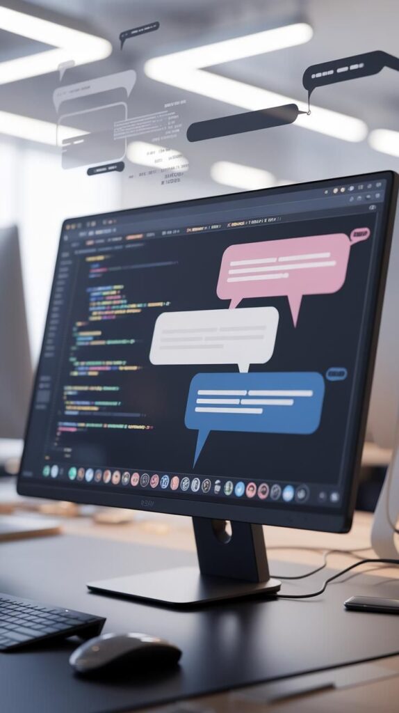 Unlock Essential Chat Widget Tips for Maximum Engagement Computer monitor with code and chat bubbles, illustrating software development and collaboration. | Sky Rye Design Computer monitor with code and chat bubbles, illustrating software development and collaboration.