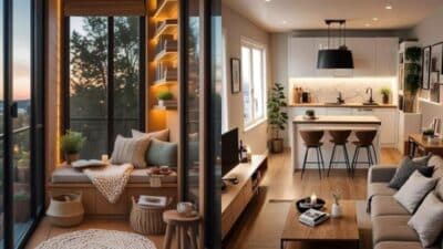 Cozy sunlit reading nook and modern open-concept kitchen living area with warm decor, plants, and inviting ambiance.