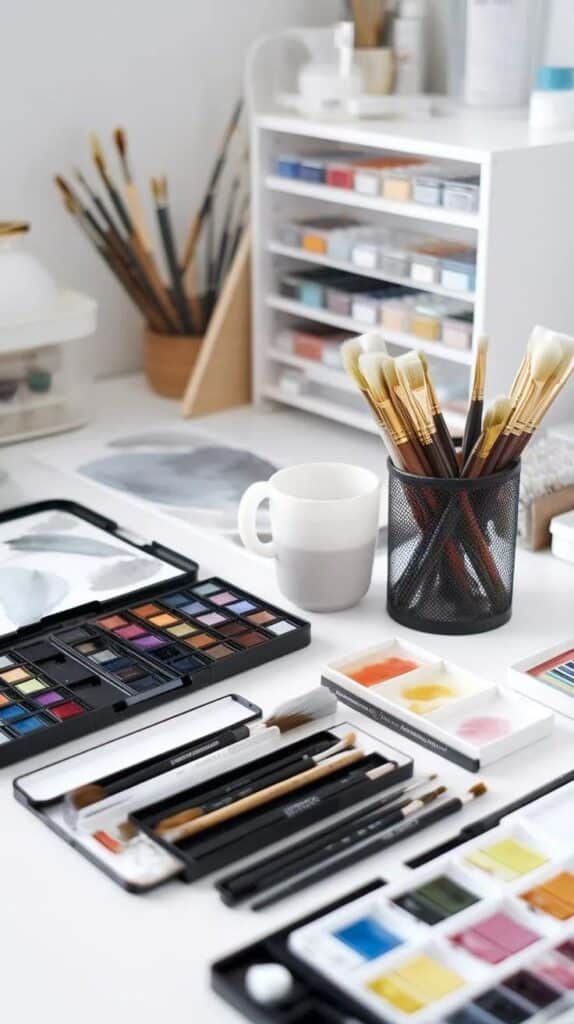 Art supplies on a desk, featuring paintbrushes, watercolor palettes, and a mug in a creative workspace setting.