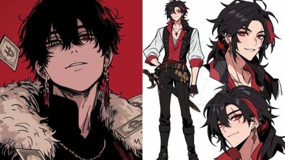 Anime character in stylish outfit, with dark hair and red accents, showcasing multiple poses and expressions against a red and white background.