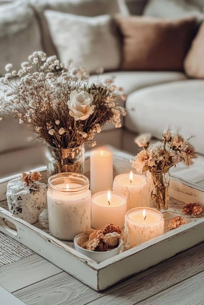Cozy living room decor featuring lit candles and dried flowers in a rustic tray on a wooden table, creating a warm, inviting ambiance.