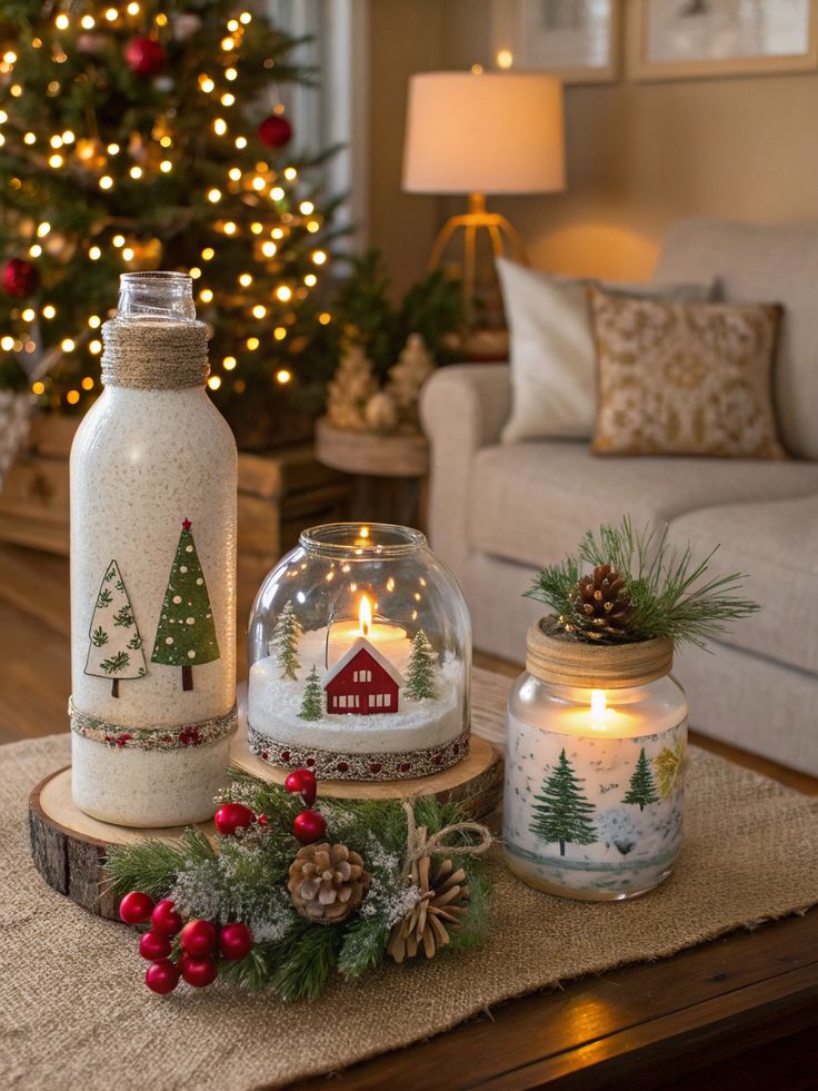 Upcycled Christmas Decoration Ideas_ 7 Best Eco-Friendly Tips Festive holiday candles with tree designs and glowing Christmas lights in cozy living room setting. | Sky Rye Design Festive holiday candles with tree designs and glowing Christmas lights in cozy living room setting.