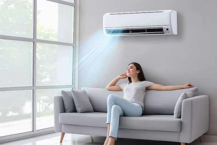 Woman relaxing on a gray sofa in a bright room, enjoying cool air from a wall-mounted air conditioner; modern interior comfort.