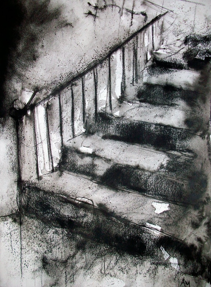 Abstract black and white drawing of a staircase with strong shadows, highlighting texture and contrast in an artistic interpretation.