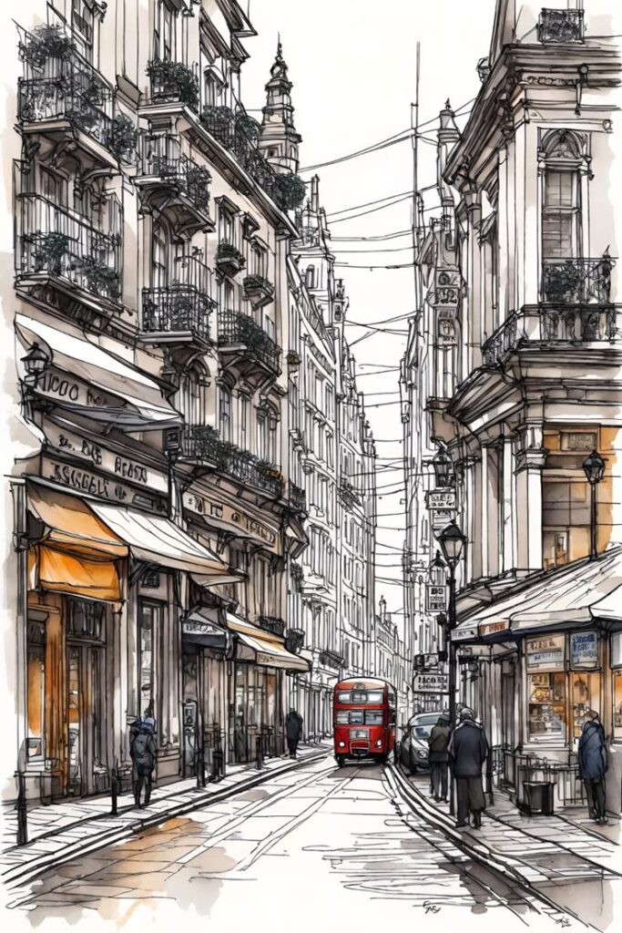 Urban sketch in a small London street Illustration of a charming European street with classic architecture, vibrant shopfronts, and a red double-decker bus driving through. | Sky Rye Design Illustration of a charming European street with classic architecture, vibrant shopfronts, and a red double-decker bus driving through.