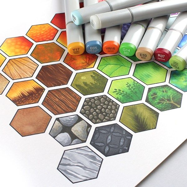 Colorful hexagonal designs with markers on paper, showcasing vibrant artistic patterns and textures.