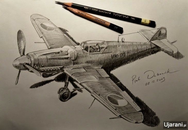 Detailed pencil sketch of a vintage aircraft with two pencils above, signed by the artist.