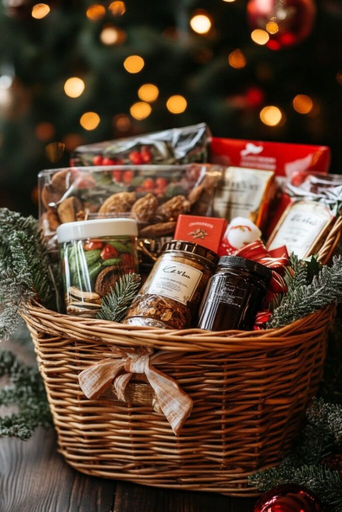 Vegan Christmas Gift Basket Festive Christmas gift basket filled with gourmet treats, nestled in a wicker basket with seasonal decorations and a holiday background. | Sky Rye Design Festive Christmas gift basket filled with gourmet treats, nestled in a wicker basket with seasonal decorations and a holiday background.