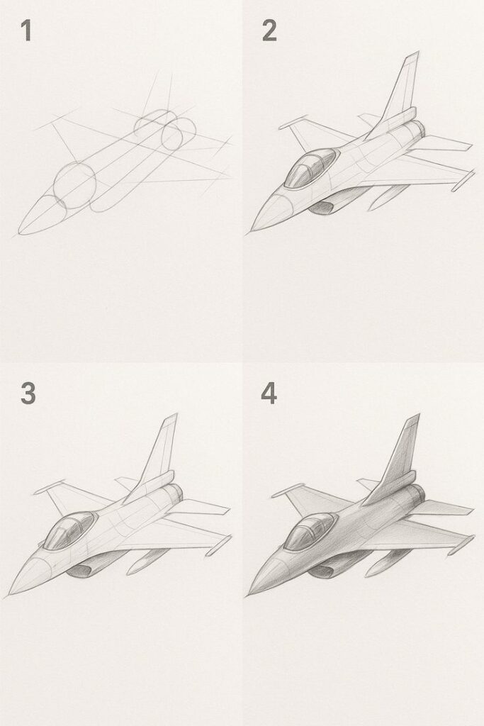 Step-by-step guide to sketching a fighter jet: from basic shapes to detailed pencil shading in four stages.