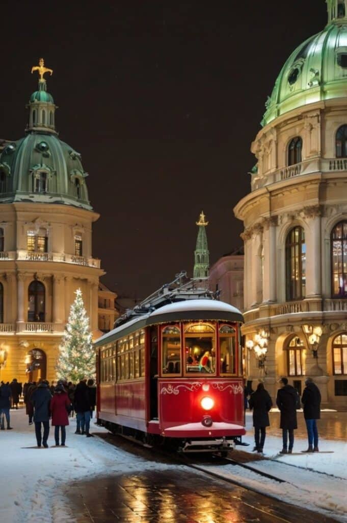 Festive red tram in snowy city square, surrounded by decorated buildings and Christmas tree at night.