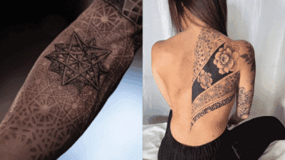 Geometric arm tattoo and floral back tattoo with intricate designs on two individuals.