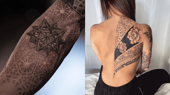 Viewing Deck Blog 1 Geometric arm tattoo and floral back tattoo with intricate designs on two individuals. | Sky Rye Design Geometric arm tattoo and floral back tattoo with intricate designs on two individuals.