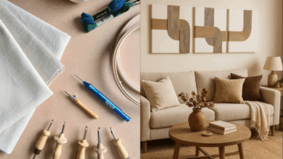Punch needle supplies and fabric beside a cozy, minimalist living room with a neutral sofa, wooden coffee table, and abstract wall art.