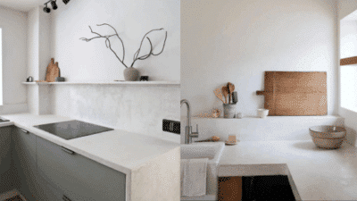 Minimalist kitchen design with neutral tones, featuring clean countertops, modern cabinetry, wooden accents, and stylish decor elements.