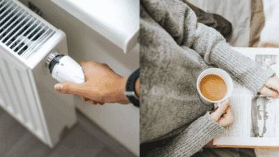 Adjusting a heater and enjoying coffee with a book, depicting a cozy home atmosphere in colder weather.