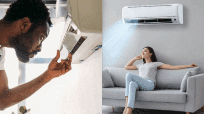 Man inspecting an air conditioner while a woman relaxes on a couch with air conditioning turned on, showcasing home cooling solutions.