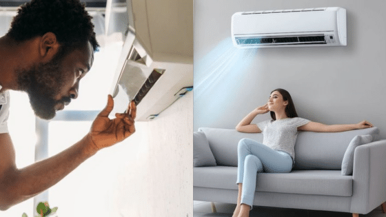 Man inspecting an air conditioner while a woman relaxes on a couch with air conditioning turned on, showcasing home cooling solutions.