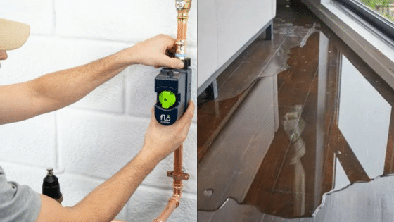 Viewing Deck Blog 1 Person installing a water leak detection device on a pipe; water damage shown on floor of a room. | Sky Rye Design Person installing a water leak detection device on a pipe; water damage shown on floor of a room.