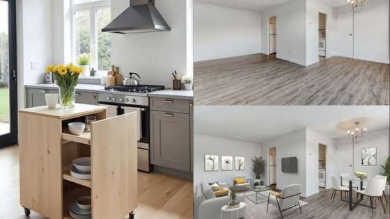 Modern open-concept kitchen and living space with wood floors and stylish decor.