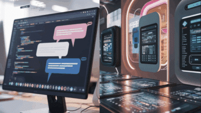 Computer screen with code and futuristic cityscape interface, symbolizing modern technology and programming.