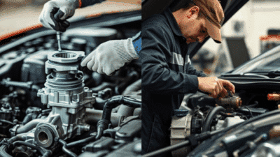 Mechanic performing engine repair and maintenance under the hood of a car in a garage setting.