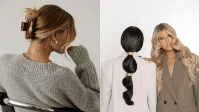 Three stylish women showcase trendy hairstyles: a clip bun, a bubble braid, and long wavy hair.