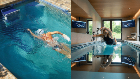 Swimming Training in a Swim Spa A swimmer practicing in a swim spa with a coach observing from the side. | Sky Rye Design A swimmer practicing in a swim spa with a coach observing from the side.