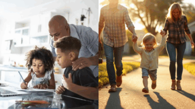 On the left, a family focuses on learning at a kitchen table, while on the right, another family enjoys a sunny walk outdoors.