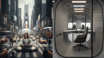 Futuristic urban comfort pods: person meditating in a clear dome on a busy city street, high-tech office interior with chair and window.