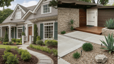 Side-by-side images of traditional and modern house exteriors, showcasing contrasting architecture and landscaping styles.