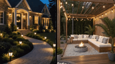 Elegant home with lit pathway and cozy outdoor patio featuring string lights and a fire pit, perfect for evening relaxation.