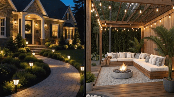 Viewing Deck Blog 1 Elegant home with lit pathway and cozy outdoor patio featuring string lights and a fire pit, perfect for evening relaxation. | Sky Rye Design Elegant home with lit pathway and cozy outdoor patio featuring string lights and a fire pit, perfect for evening relaxation.
