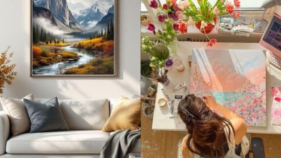 Viewing Deck Blog 1 Sunny living room with landscape painting; artist painting with flowers nearby. | Sky Rye Design Sunny living room with landscape painting; artist painting with flowers nearby.