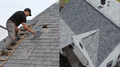 Roofer repairing shingles on house roof, highlighting before and after comparison of roofing maintenance work.