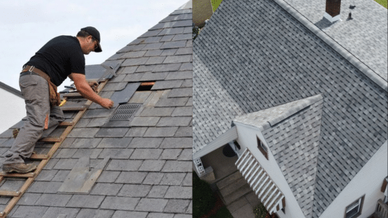 Roofer repairing shingles on house roof, highlighting before and after comparison of roofing maintenance work.