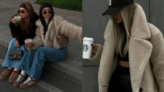 Stylish women in fur coats and sunglasses enjoying drinks, showcasing trendy streetwear fashion.