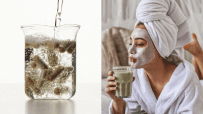 Pouring water over capsules and woman in face mask relaxing with green smoothie, spa and wellness concept.