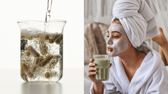 Viewing Deck Blog Pouring water over capsules and woman in face mask relaxing with green smoothie, spa and wellness concept. | Sky Rye Design Pouring water over capsules and woman in face mask relaxing with green smoothie, spa and wellness concept.