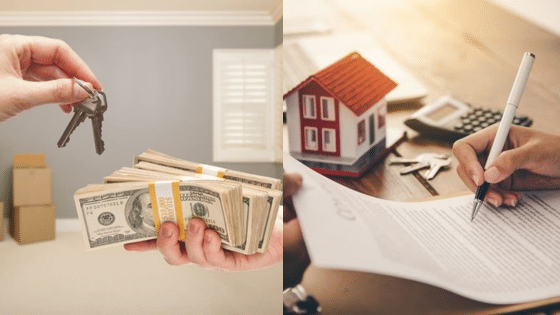 Hands exchanging house keys and cash, signing real estate contract with miniature house model on table.