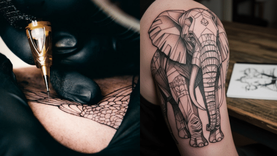Tattoo Artist Working on Elephant Design Tattoo artist using a tattoo machine on a person's arm featuring an elephant design. | Sky Rye Design Tattoo artist using a tattoo machine on a person's arm featuring an elephant design.