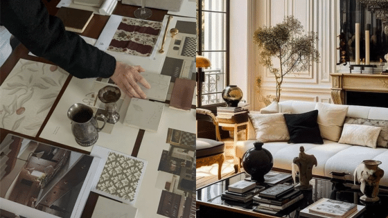 Interior Design Materials and Living Room Setup A hand examining various interior design materials and a stylish living room with decorative items. | Sky Rye Design A hand examining various interior design materials and a stylish living room with decorative items.